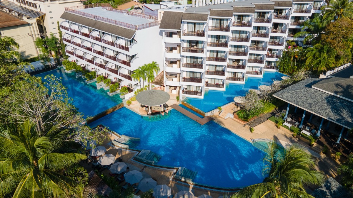 Aerial view of Krabi La Playa Resort, its pool and tropical gardens